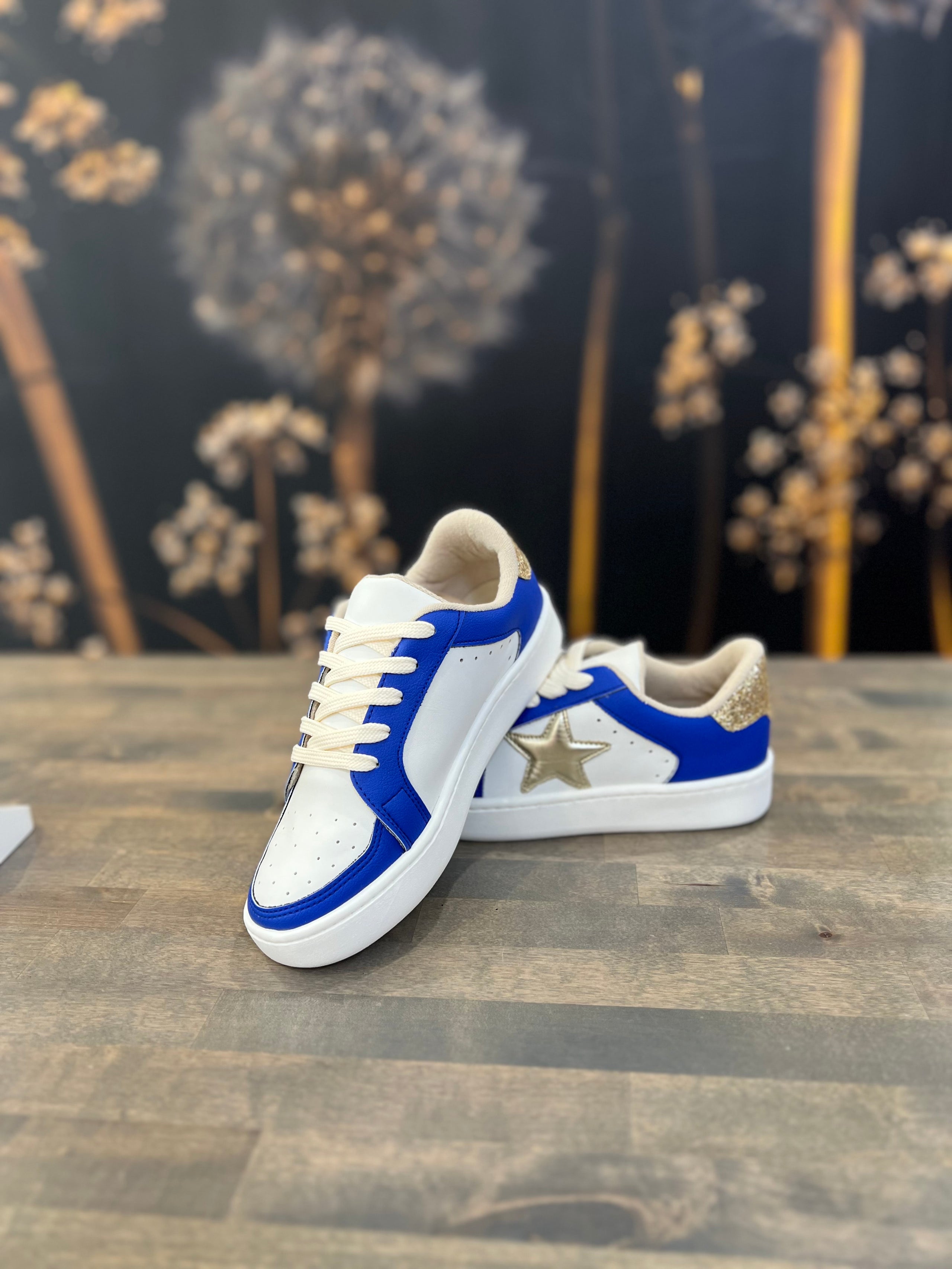 Blue and gold tennis shoes best sale